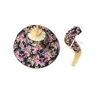 2 in 1 Portable Bamboo Sun Hat for Women, Summer Flower Pattern Hand Fan Foldable Beach Hat for Travel Outdoor