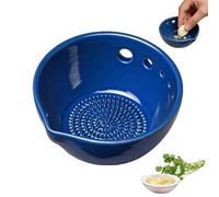 2-in-1 Pottery Herb Stripper Bowl and Garlic Grater,Ceramic Kitchen Gadget with 5 Hole Sizes for Kale Herbs,Vegetable Leaf Separator,Garlic Grater Plate for Ginger&Lemon Zest&Cheese-Blue