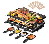 2-in-1 Raclette Grill 8 Personen Indoor Electric Grill 8 Mini Non Stick Pan for Raclette Cheese Dishes Cooking Party Kitchen Cooker Health Electric BBQ Griddle 1 Reversible Plate 8 Spatula 1300W