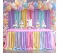 2-in-1 Rainbow Tablecloths with Tulle Table Skirt for 6 Foot Rectangle Tables, Party Ruffle Tutu Table Skirt Stretch Fitted Covers for Wedding Reception Birthday Baby Shower Celebration Banquet Event