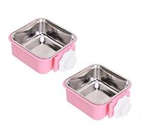 2-IN-1 Removable Dog Bowl for Crates Puppy Food Feeder Water Dish with Bolt Holder Stainless Steel Pet Hanging Bowl Food Water Bowl 2Pcs/Set (Small - Square, Pink)