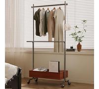 2-in-1 Rolling Coat Rack & Shoe Storage with Basket - Freestanding for Entryway Bedroom Living Room Clothing Store (Brown 80cm/31.5in)