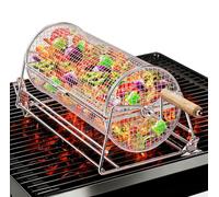 2-in-1 Rolling Grill Basket with Dual Handles, 304 Stainless Steel Rotatable BBQ Basket with Crank Handle & Straight Grip Handle, Grill Net for Vegetables, Shrimp & More, Gift Idea for Men, Dad