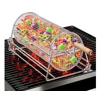 2-in-1 Rolling Grill Basket with Dual Handles, 304 Stainless Steel Rotatable BBQ Basket with Crank Handle & Straight Grip Handle, Grill Net for Vegetables, Shrimp & More, Gift Idea for Men, Dad