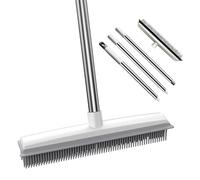 2 in 1 Rubber Broom with Squeegee Edge, Rubber Brush with Adjustable Anti-Rust Long Handle Telescopic Shower Scrubber Outdoor Soft Push Broom for Cleaning Bathroom Kitchen Pet Cat Dog Hair Removal
