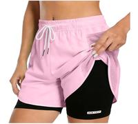 2 in 1 Running Shorts Women Summer Gym Shorts with Liner High Waist Lightweight Cycling Bottoms Double Layer Phone Pocket Activewear Ladies Plain Colour Short Pants Workout Clothes