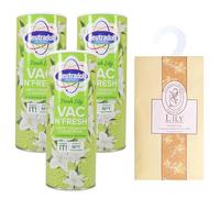 2-in-1 Shake and Vac Carpet Cleaner Powder Bundle: 3 x Neutradol 350g Shake and Vac Carpet Freshener Lily Fresh + Hanging Wardrobe Spice Scent Sachet (Lily)