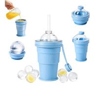 2-in-1 Silicone Foldable Ice Ball Maker Cup, 6cm Ice Ball BPA Free Portable Ice Hockey Cup with Straw, Easy Demolding, 11 oz Leak-Proof Travel Drinking Cup for Picnic, Camping, Office