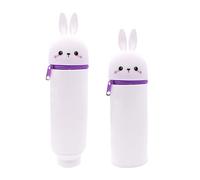 2 in 1 Silicone Pencil Case, Cute Kawaii Pencil Case, Soft Retractable Pen Holder for Desk or School, Zipped Standing Pencil Pouch for Kids & Teens (Rabbit)