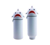 2 in 1 Silicone Pencil Case, Cute Kawaii Pencil Case, Soft Retractable Pen Holder for Desk or School, Zipped Standing Pencil Pouch for Kids & Teens (Gray Shark)