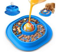 2-in-1 Slow Feeder Dog Bowl with Rolling Ball, Interactive Lick Bowl Toy for Dogs & Cats, Anti-Gulp Maze Feeder with Suction Base for Wet Food, Bone Broth & Treats, Anxiety Relief Enrichment Toy-Blue