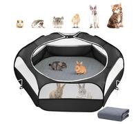 2-in-1 Small Animals Playpen with Pad, Waterproof Small Pet Cage Tent with Reusable Pad, Portable Outdoor Yard Fence with 3 Metal Rod for Chick/Kitten/Puppy/Guinea Pig/Rabbits/Chinchillas, Black