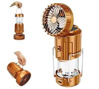2-in-1 Solar Camping Lights with Fan,1500mah Rechargeable LED Camping Lantern with and Foldable Hook,Personal USB Desk Fan for Hurricane, Emergency, Home, Shed and More (Gold)