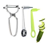 2-in-1 Spiral Cutter & Peeler Set, Potato Peeler Hand, Stainless Steel & Plastic Manual Vegetable Spiral Slicer for Cucumbers, Potatoes, Carrots & Fruits, Portable Kitchen Peeling & Slicing Tool