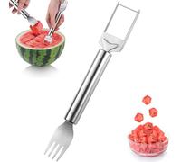 2-in-1 Stainless Steel Fruit Cutter, Watermelon Fork Slicer Cutter, Dual Head Watermelon Cuber Cutting Tool Knife Summer Fruit Cutting Fork for Home Party Camping Kitchen Gadget