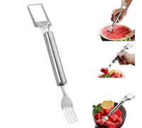 2 in 1 Stainless Steel Fruit Slicer, Watermelon Slicer with Fork, Double Head Watermelon Fork Cutter for Cube, Fruit Knife with Round Handle for Home Kitchen, Picnic and Party