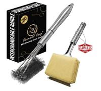 2-in-1 Stainless Steel Grill Brush Cleaning Kit, Grilling Accessories, Interchangeable BBQ Brush & Griddle Scraper with Fire-Resistant Cleaning Sponge, Dishwasher Safe Grill Cleaner, BBQ Accessories