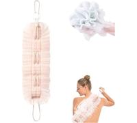 2-in-1 Stretch Shower Pouf & Back Scrubber, Exfoliating Washcloth Towel with Suction Cup, Body Scrubber Exfoliator, Loofah Sponge, Net Sponge Rag for Use in Shower Bath (Pink)