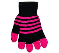 2 in 1 Stripy Neon Magic Gloves Assorted Colours Stretchy Acrylic Material One Size Winter Warm (Pink)