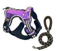 [2 in 1] Tactical Dog Vest Harness with Adjustable D-Ring, Along with Heavy Duty Padded Reflective Leash for Small to Large Dogs (Purple Camouflage, Small)