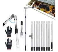2-in-1 Telescopic Gutter Cleaner, 4M Gutter Cleaning Tool with Adjustable Angle Pole, Brush & Leaf Shovel, 9 Section Aluminum Safe Ground Cleaning for Leaves, Debris, Cobwebs