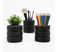 2-in-1 Tire Shaped Pen Holder & Succulent Planter, Stacked Tire Desk Organizer, Automotive Decor Gift for Mechanics Car Enthusiasts