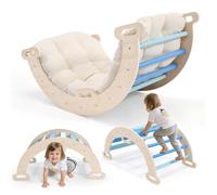 2-in-1 Toddler Climbing Frame with Armrests, Wooden Arch Climber Ladder with Cushion, Natural Wood, Non-Slip Foot Mat, Pole Reinforcements, Baby Climbing Arch for 1-6 Years (Semi-cir-w/armrest-blue)