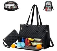 2 in 1 Tote Bag Lunch Bag Combo, 15.6 Inch Laptop Work Bag with Insulated Leakproof Compartment, Large Capacity Handbag for Women Office Business Travel (Black)