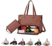 2 in 1 Tote Bag Lunch Bag Combo, 15.6 Inch Leakproof Tote Bags with Insulated Lunch Compartment, Large Capacity Computer Handbags for Women, Laptop Handbags with Purse for Business, Work (Brown)
