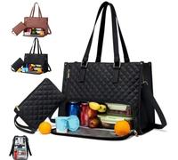 2 in 1 Tote Bag Lunch Bag Combo, 15.6 Inch Tote Bag with Lunch Compartment for Women,Large Capacity Computer Handbags for Business,Work (Black)