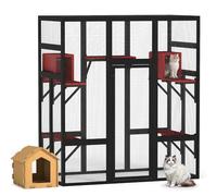 2-in-1 Walk-in Multi-Level Outdoor Catio Wooden Enclosure with 6 Jumping Platforms & 2 Resting Box, Large Cat House Outdoor,Window Playpen for Outside,Resting Room Condo, Accommodate Up to 6 Cats