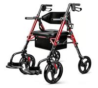 2 in 1 Walker with Seat and Extra Wide Backrest, Foldable Walker with 10" Front Wheels and 8" Rear Wheels for Seniors, Supports up to 300 lbs