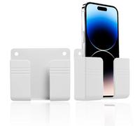 2-in-1 Wall Mount Phone & Charger Holder, White Wall Phone Charge Holder | Universal Self-Adhesive Phone Wall Mount TV Remote Storage Box for Charging, Stores TV Remote & Phone for Home or Office
