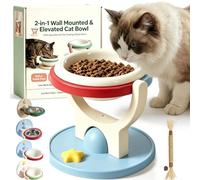 2-in-1 Wall Mounted & Elevated Cat Bowl, 2027 Upgraded Anti-Tip Cat Feeding Shelf with Removable Bowl, 5.9in Foldable Pet Feeder, Adjustable Height, Dishwasher Safe ，Red：Plastic