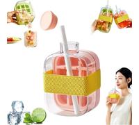 2 in 1 Water Bottle Ice Cube Tray Mold, 2 in 1 Water Bottle Ice Cube Tray with Lid and Bin, One-Touch Ice Release & No Touching, Ice Cube Making Bottle for Freezer,Coffee, Juice (Pink-500ML)