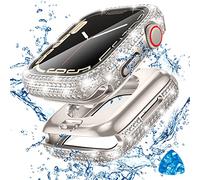 2 in 1 Waterproof Bling Case for Apple Watch SE 3/2/1, Series 6/5/4 44mm | Case with HD Screen protector，360° Diamond PC Front Case & Glass Film, Splash-Resistant Cover for Women
