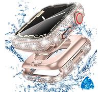 2 in 1 Waterproof Bling Case for Apple Watch Series 9/8/7 45mm | Case with HD Screen protector，360° Diamond PC Front Case & Glass Film, Splash-Resistant Cover for Women