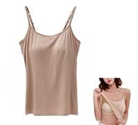 2 in 1 Women's Basic Seamless Camisole Solid Color Spaghetti Straps Slim Fit Cotton Adjustable Spaghetti Straps Tank Top for Everyday Casual Wear, Tank Top with Built-in Bra-XL,Khaki