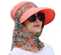 2-in-1 Womens Sun Hat Floppy Sun Visor UPF 50+ Empty Top Garden Hat with Detachable Neck Cover and Zip Top Shield Foldable Summer Beach Fishing Hat for Hiking Camping Cycling Travelling Holiday Red