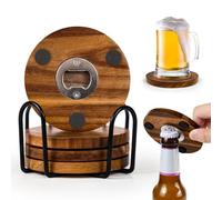 2-in-1 Wood Coasters with Bottle Opener, Set of 4 with Holder- Funny Acacia Wood Drink Coasters with Stainless Steel Openers & Non-Slip Feet - Durable and Functional for Beer or Soda Drinking