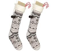 2 Knitted Christmas Stockings 24″ Zig Zag Fair Isle Print Stocking (CP93) | Grey, Knitted Effect, Nordic Style, Pom Pom Cuff