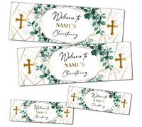 2 Large & 2 Small | Personalised Christening Banners | Christening Decorations | Christening Backdrop | Christening Bunting | Botanical Leaf Print Cross