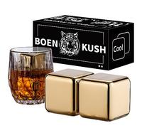 2 Large 64cm³ Whiskey Stones - Reusable Stainless Steel Metal Ice Sphere Cubes Beverage Chilling Rocks Whiskey Stones for Red Wine, Bar Beer, Scotch, Vodka Drinks - Gold