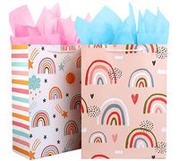 2 Large Gift Bag for Baby Girl Boy Kids with 4 Tissue Paper-Rainbow Red Heart Gift Bags Paper Present Bag with Handle-Birthday Gift bag Big Gift Bag Birthday Party Bag