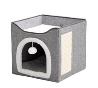 2 Laye Large Cat Cave for Pet House with Fluffy Ball Hanging and Scratch Pad, Cat House Bed Indoor, Foldable Kitten Hideaway Cave for All Seasons (39 * 39 * 38cm,Gray)
