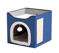 2 Laye Large Cat Cave for Pet House with Fluffy Ball Hanging and Scratch Pad, Cat House Bed Indoor, Foldable Kitten Hideaway Cave for All Seasons (39 * 39 * 38cm,Blue)