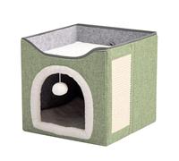 2 Laye Large Cat Cave for Pet House with Fluffy Ball Hanging and Scratch Pad, Cat House Bed Indoor, Foldable Kitten Hideaway Cave for All Seasons (39 * 39 * 38cm,Green)
