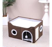 2 Layer Large Cat Cave with Scratching Board and Fluffy Ball, Foldable Cat Houses, Kitten House Cave For Indoor, Pet Bed for Multi Small Pets (60 * 40 * 34cm,Brown)
