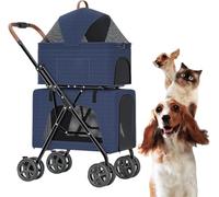 2 Layer Pet Travel Stroller Breathable Dog Pram Pushchair Cage, Double Layer Dog Stroller for 2 Dogs/Cats, Dog Strollers Foldable Pet Cat Carriage for Twin Or Multiple(Blue)