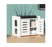 2 Layer WiFi Router Storage Box Wooden Router Shelf With With Cabinet Door, Desktop WiFi Router Storage Box Decorative Power Strip Cable Management Hider Box-C